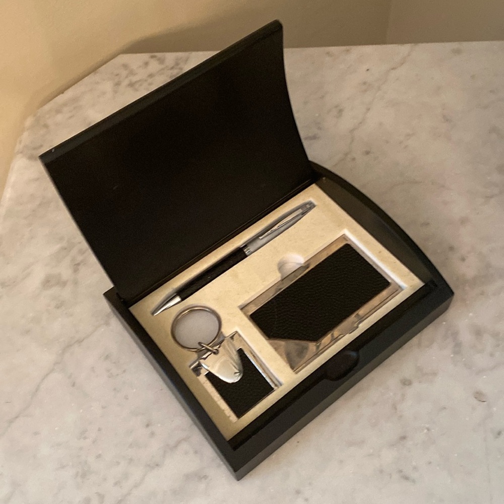 Perfect gift!  Boxed silver plate key fob, card holder & pen set